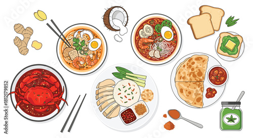 Delicious Asian Cuisine Still Life: Noodles, Crab, Chicken Rice, Roti Canai, Pandan Toast, Vibrant Colors, Top View, and Illustration