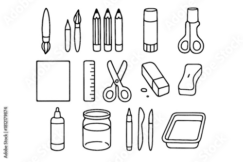 Pencils sheet icons scissors vector kids clay tray color icon eraser jar