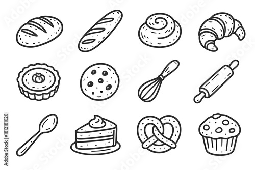 Pretzel bakery vector icon rolling artisan baguette icons pin muffin croissant whisk