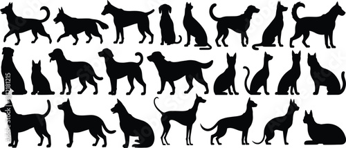 Dog and cat silhouettes, animal poses, pet vector icons, breed diversity, sitting, standing, walking, black outline, stylized, design