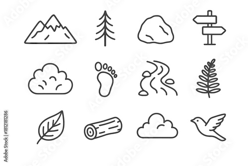 Tree icons footprint fern stream bird vector signpost hiking leaf icon mountain