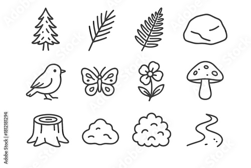 Vector morning mushroom icon moss branch flower pine stump butterfly woods bush