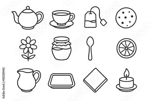 Cookie lemon spoon set milk modern tea icon jar candle flower vector