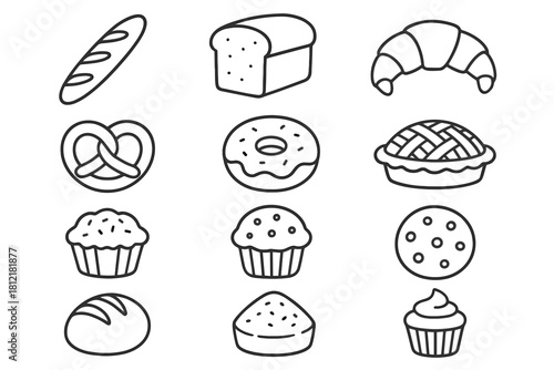 Vector bread pastry icons baguette icon pretzel pie croissant tart cupcake donut