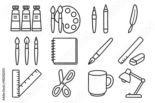 Icon supplies pen tubes eraser vector brushes icons artist water paint sketchbook