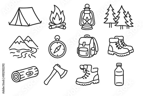 Forest camping river camp icons vector backpack lantern pine icon axe trees
