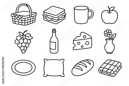 Essentials bread vector sandwich apple basket picnic icons loaf bottle cup icon