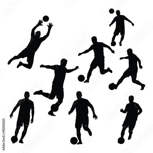 Collection of black silhouette icons depicting various soccer player actions isolated on