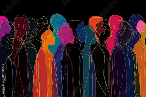 Colorful silhouettes of people in a line