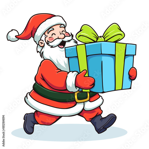 Running cartoon Santa Claus cheerfully delivering a large Christmas gift box tied with a big bow, emphasizing holiday delivery and rush