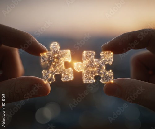 Two hands holding glowing puzzle pieces against a blurred cityscape sunset