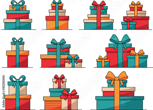 Collection of colorful cartoon gift box stacks with ribbons, isolated vector illustration set for Christmas, birthday, and holiday celebration concepts.