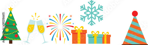 Colorful festive holiday icons including Christmas tree, gifts, fireworks, snowflake, champagne and party hat, celebration illustration for Christmas and New Year themes