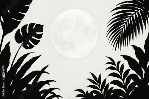 Monochrome illustration of a full moon framed by tropical leaves. High-contrast design evokes mystery, nature, and nighttime serenity with bold silhouettes and realistic lunar texture.