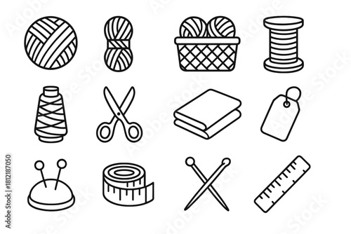 Scissors ruler needles vector icons ball spool icon tape wooden fabric organizer