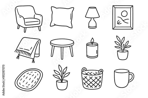 Icons vase icon rug pillow mug chair soft framed vector calm lamp
