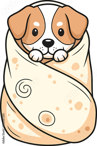 Cute Puppy Dog Wrapped Snugly in Burrito Blanket Swaddle Cartoon