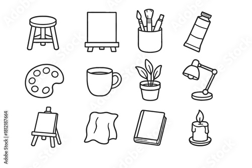 Book cozy candle icons canvas art mug stool paint icon plant palette