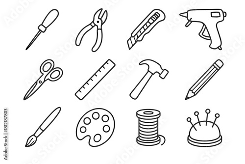 Handcraft hammer vector pin gun icons pliers cutter tools scissors pencil ruler