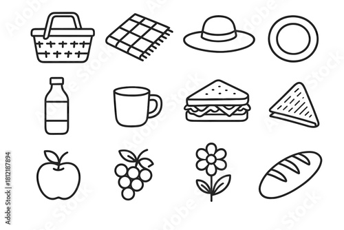 Apple picnic icon vector grapes family sandwich plate napkin gear bottle cup