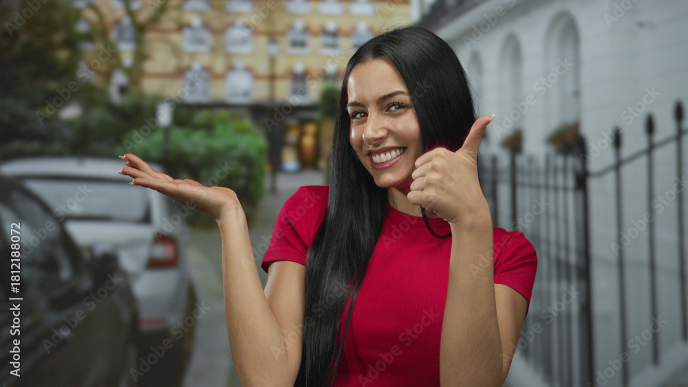 Fototapeta premium Hispanic woman in red shirt gesturing thumbs up and pointing on a city street with parked cars and blurred buildings.