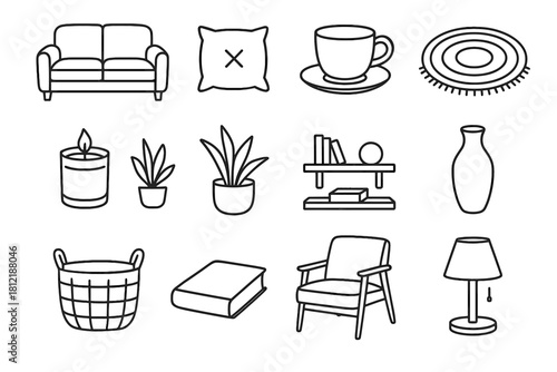 Icons shelf home book chair icon sofa vector vase comfort pillow lamp