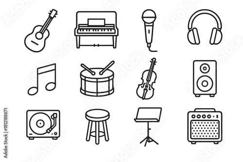Room speaker icons drum vector amplifier music microphone note piano stool icon