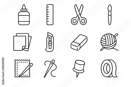 Scissors icons paper ruler fabric tape glue needle vector workshop yarn icon