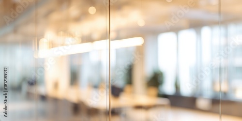 Blurred abstract office interior view with clear light and empty background luxury business design of panoramic city landscape through glass door with bokeh effect