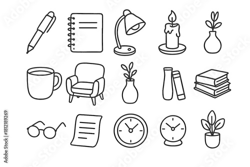 Candle vase pen potted chair icon icons cozy plant study vector books