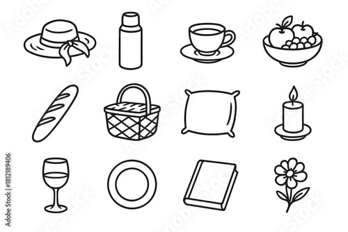 Hat flower plate pillow stem icons bowl fruit relaxing picnic baguette icon