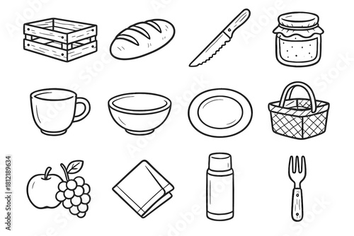 Icon jar fruit bowl rustic wooden bread vector picnic jam fork crate