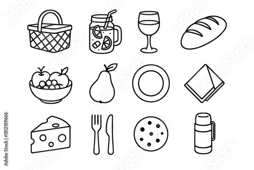 Glass utensils picnic basket bread vector napkin cheese plate summer icon fruit