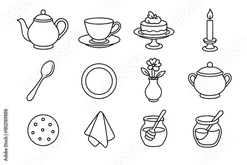 Elegant vector sugar icons vase tea plate dessert bowl honey teacup saucer