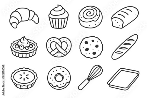 Vector cookie pastry pretzel cinnamon pie grid loaf icon tray whisk cupcake