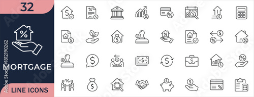 Line-style mortgage and loan icons. featuring finance, property, estate, investment, approval, documents, housing, rates, rent, deposits, income, risk, and management.
