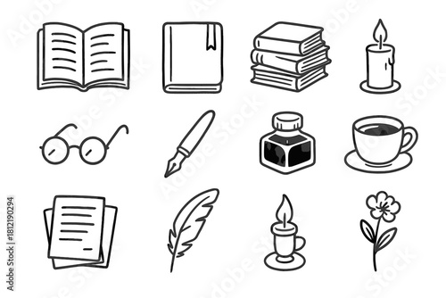 Glasses flower stem coffee open vector stack icon cup drawn book hand