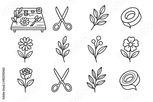 Leaves pencil scissors icons diy craft collection table floral workspace vector tape