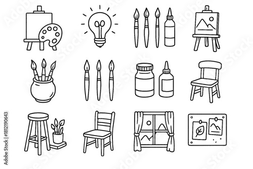 Atelier scene chair inspiration doodle jars icon icons creative brushes vector collection