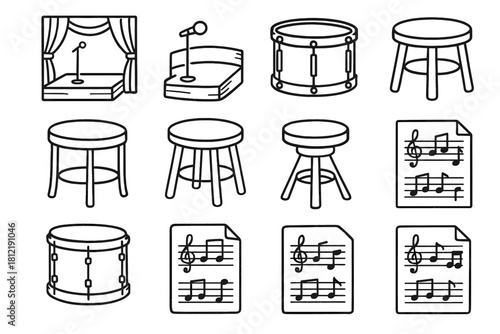 Music performing stool drum artistic drawing vector icon space sheet set