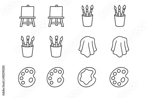 Icons painting art icon desk palette workspace brushes cup towel ink collection