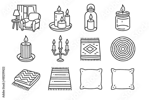 Icons evening candles interior home setup pillow rug vector drawing cozy line
