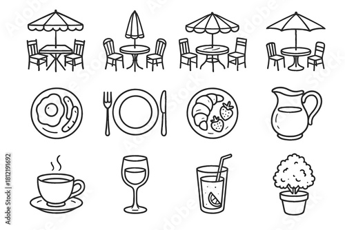Garden vector set glass patio umbrella icons plates setup icon brunch outdoor