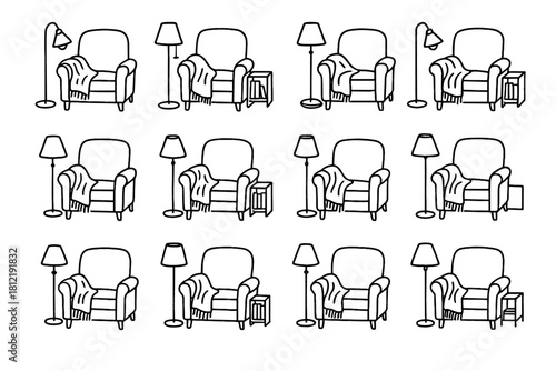 Cozy nook icon vector icons throw blanket armchair reading lamp soft drawing