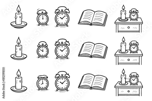 Clock minimal open candle set book nightstand vector icons sketch setup icon