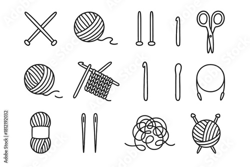 Knitting vector table spread craft yarn tools icon scissors needles pencil