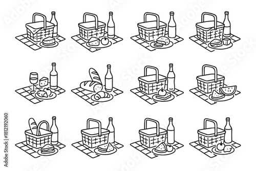 Food set basket icon vector picnic setup cozy arrangement bottle