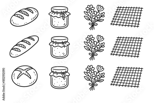 Icon flowers style jar set picnic jam rustic bread vector loaf