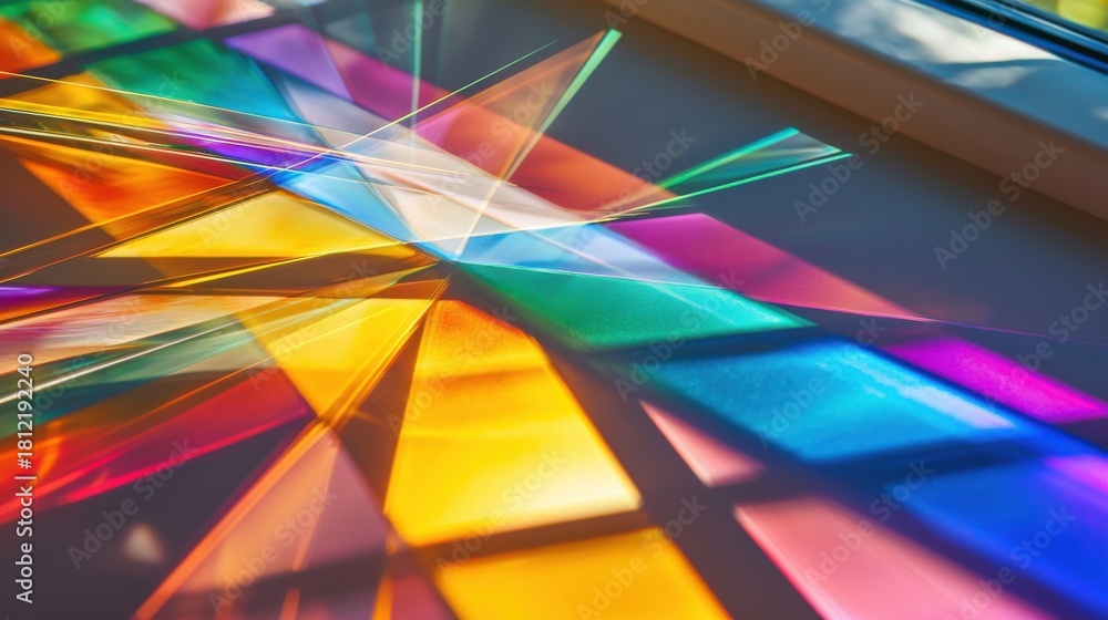 Fototapeta premium Wave pattern diffraction through laser interference creates vibrant multicolored light beams crossing geometric prism surfaces with spectral rainbow dispersions