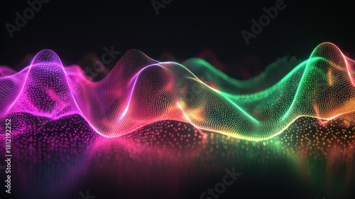 Laser beam modulation creates dynamic particle wave formations with vibrant magenta and emerald interference patterns flowing through digital visualization space